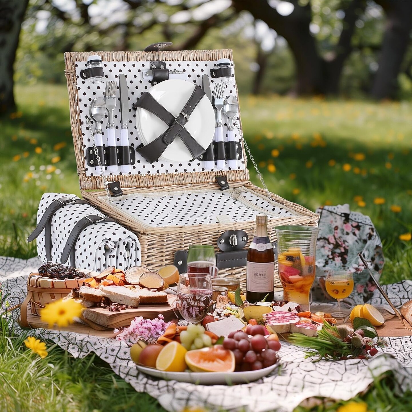 Picnic Basket for 4 Persons Willow Weaving Picnic Set with Cooler Insulation Bag and Waterproof Picnic mat Picnic Baskets for Camping,Wedding,Summer Beach, Outdoor,Birthday Gifts