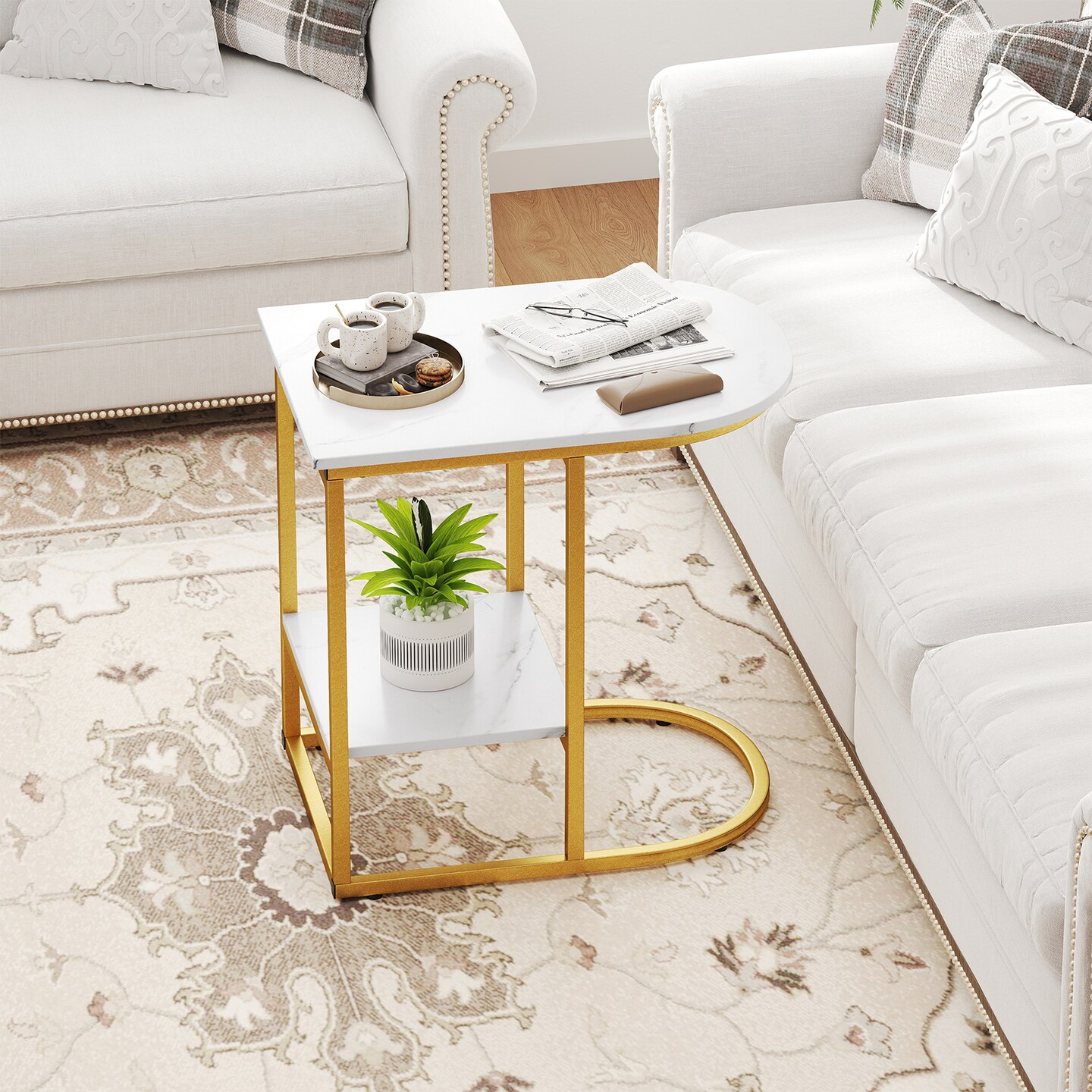 Modern C-shaped Side Table with Faux Marble Top and 2-Tier Storage Shelf