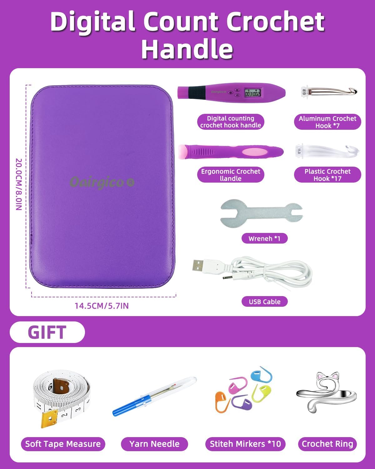 Light Up Crochet Hook Set with 24 Tips &#x26; Digital Counter - 24 Size with Light and Digital