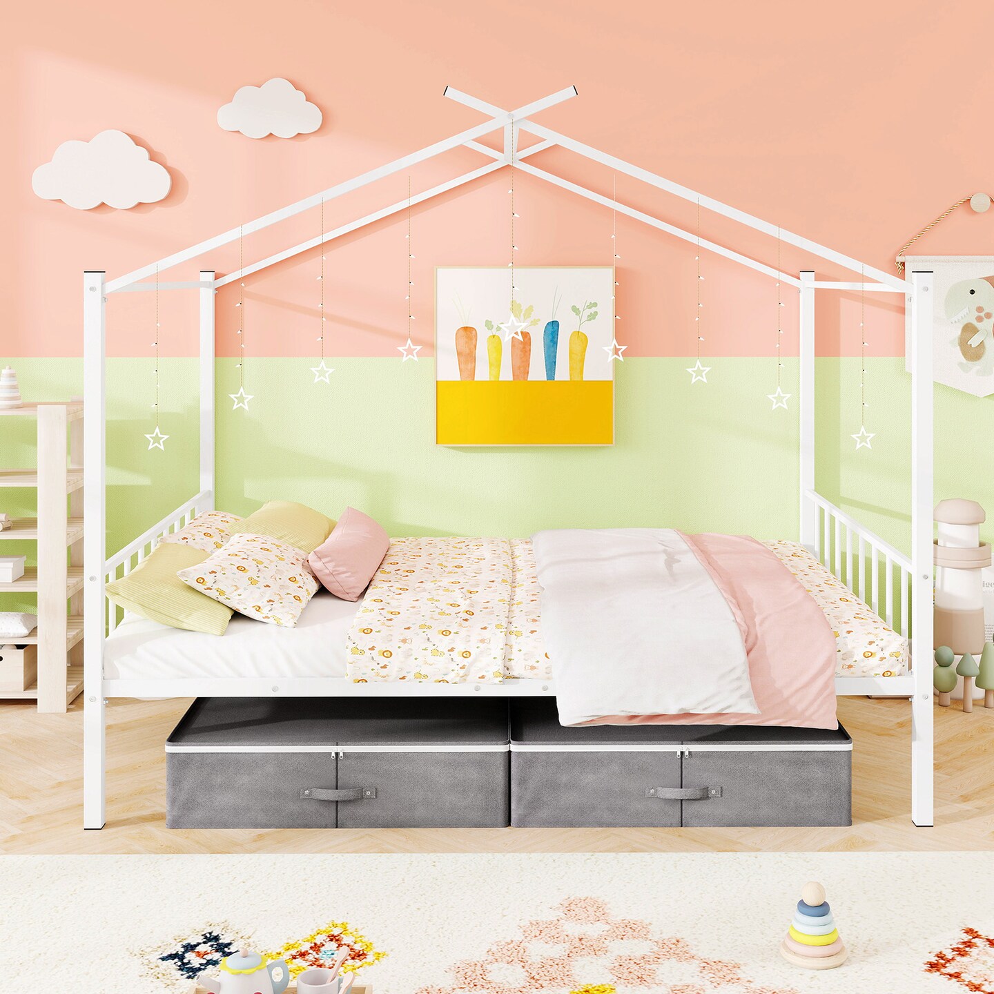 Full Size Metal House Bed with Storage Drawers, Noise-Reducing Slats and 660 lbs Capacity
