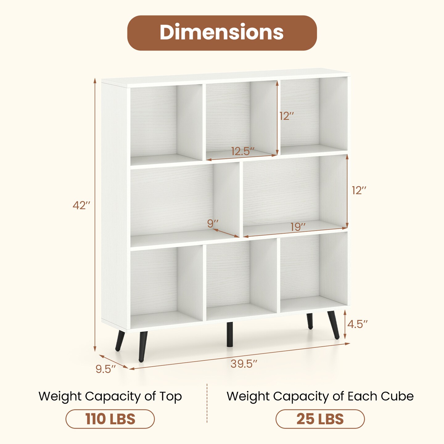 Engineered Wood Cube Bookcase with Metal Legs and Anti-Tip Kits