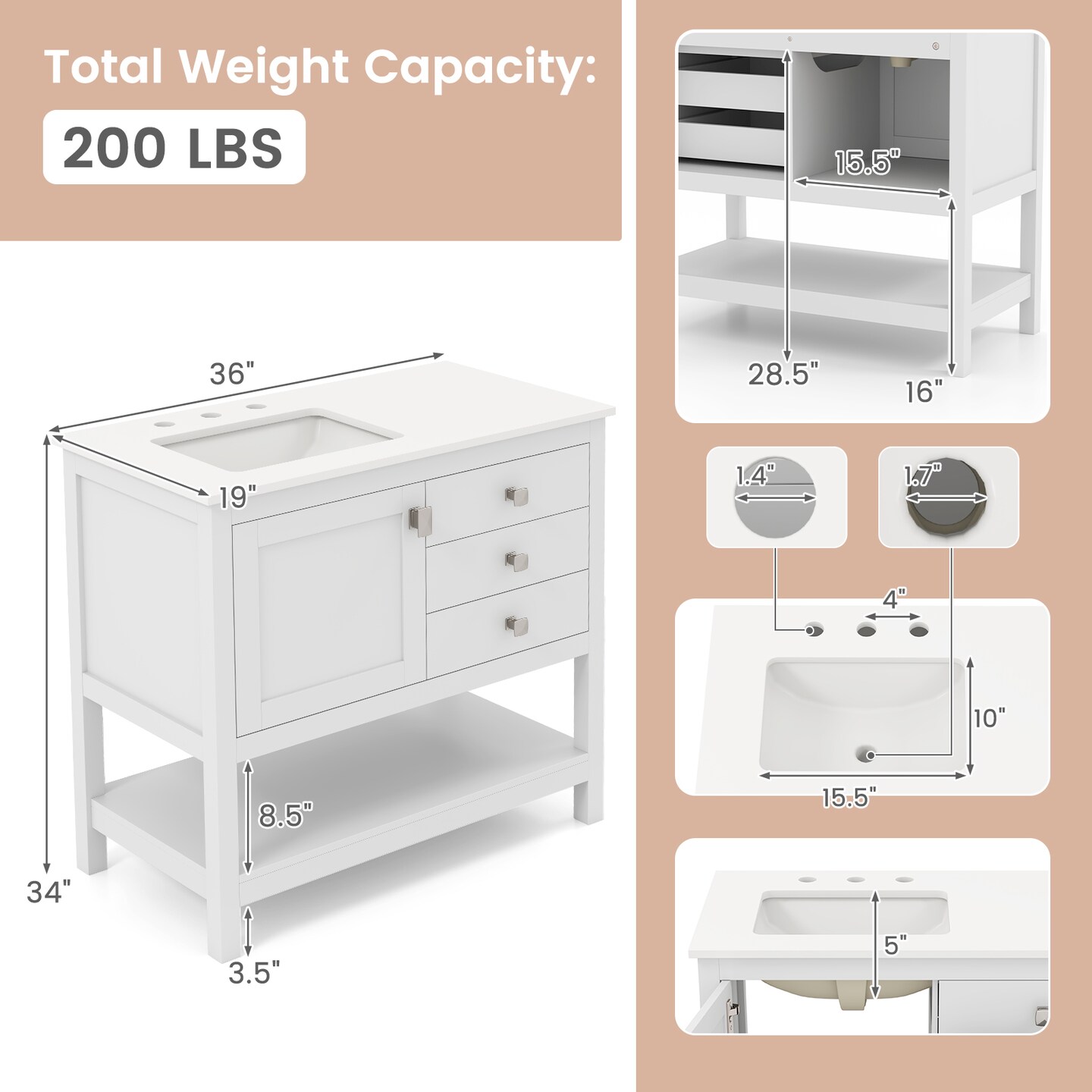Bathroom Vanity Unit with Ceramic Sink Granite Countertop and Storage