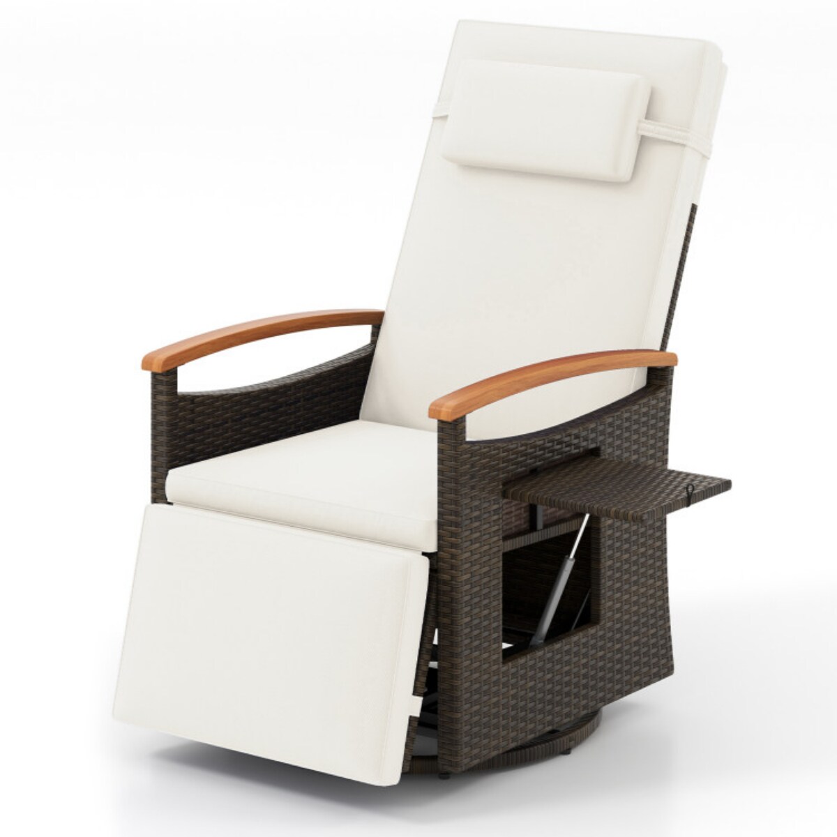 Brown Rattan Swivel Recliner Chair with Adjustable Backrest, Cushion and Foldable Side Table