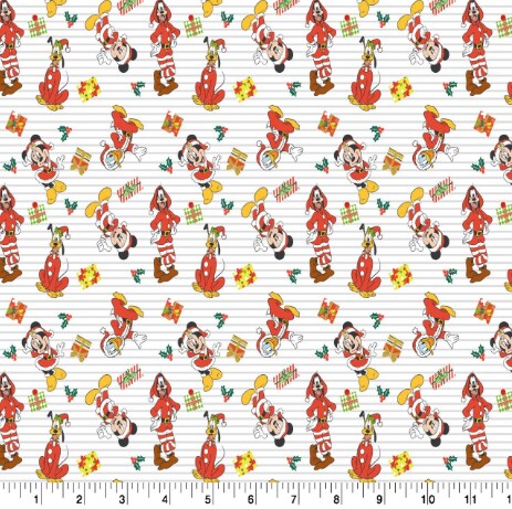 Licensed Disney Print Mickey & Friends Christmas Pinstripe Cotton Fabric by the Yard