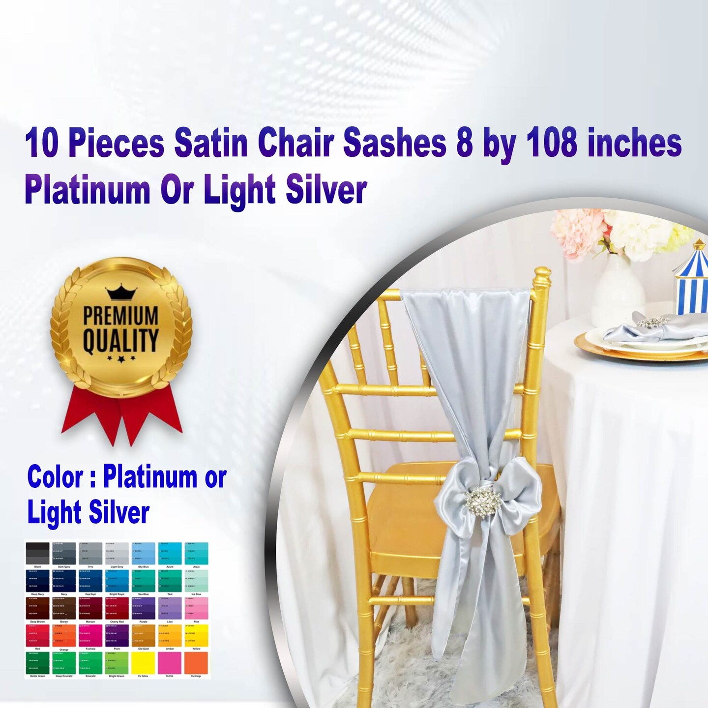 10 Pieces Satin Chair Sashes 8 by 108 inches Platinum or Light Silver