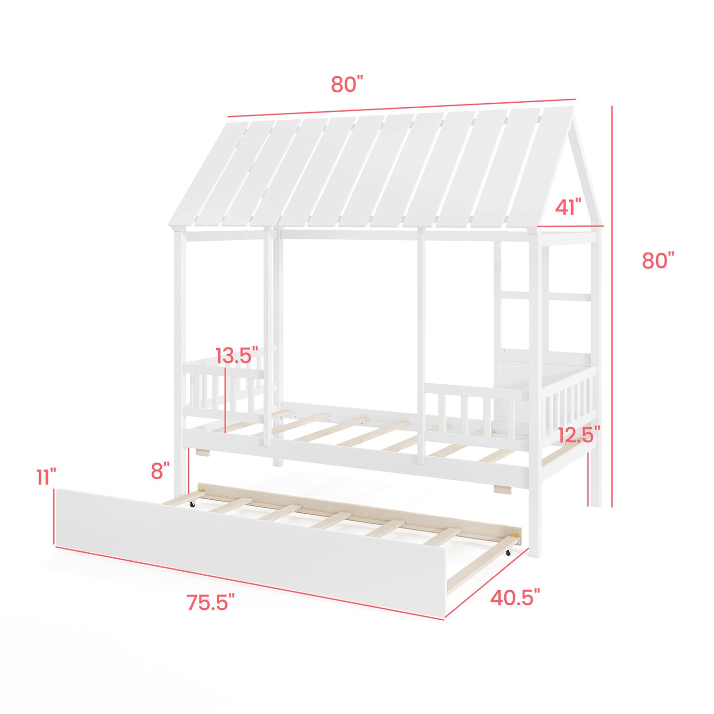 Kids&#x27; White House Bed with Trundle Sturdy Pine Wood and Safe Sleep Design Fun and Practical Bed for Children