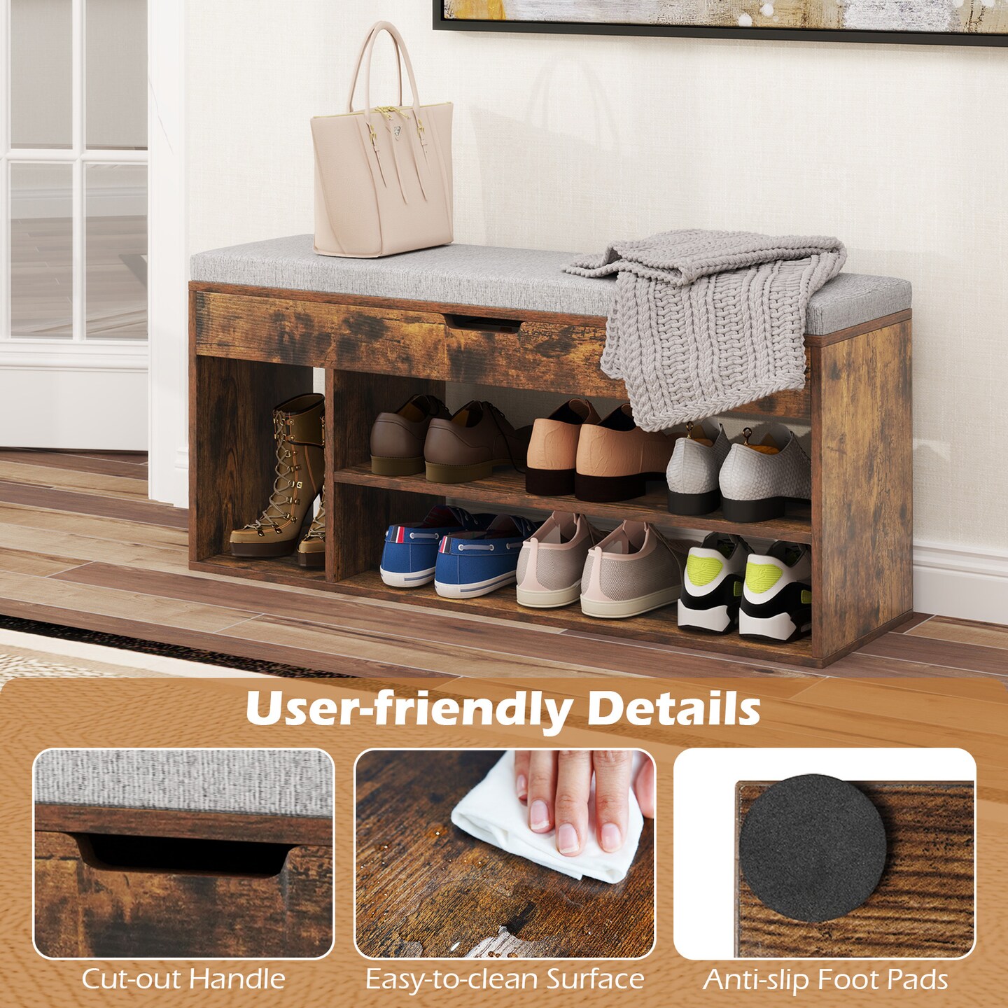 Shoe Bench with Hidden Compartment and 3 Shelves for Storage and Seating