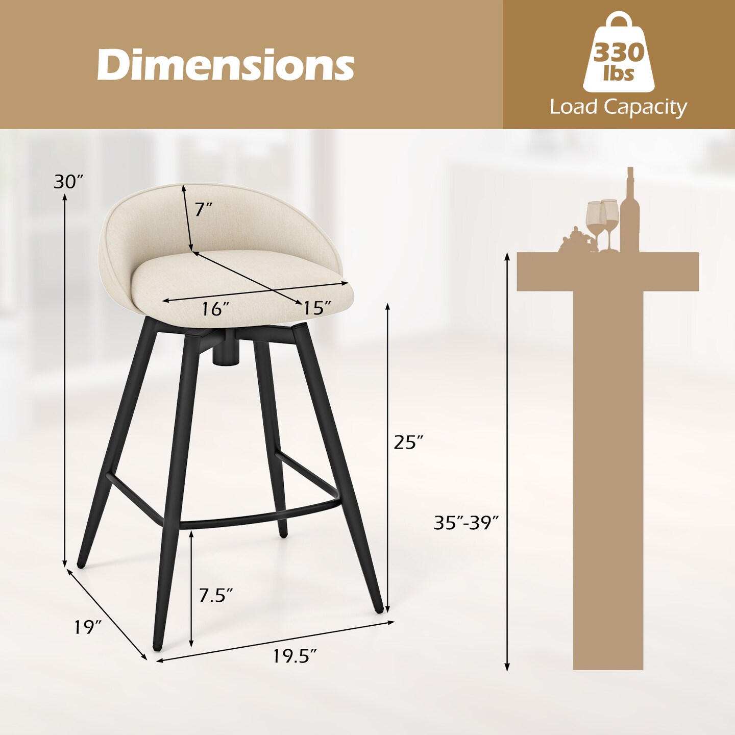 Set of 2 Upholstered Bar Stools with Footrest and Backrest for Kitchen Island
