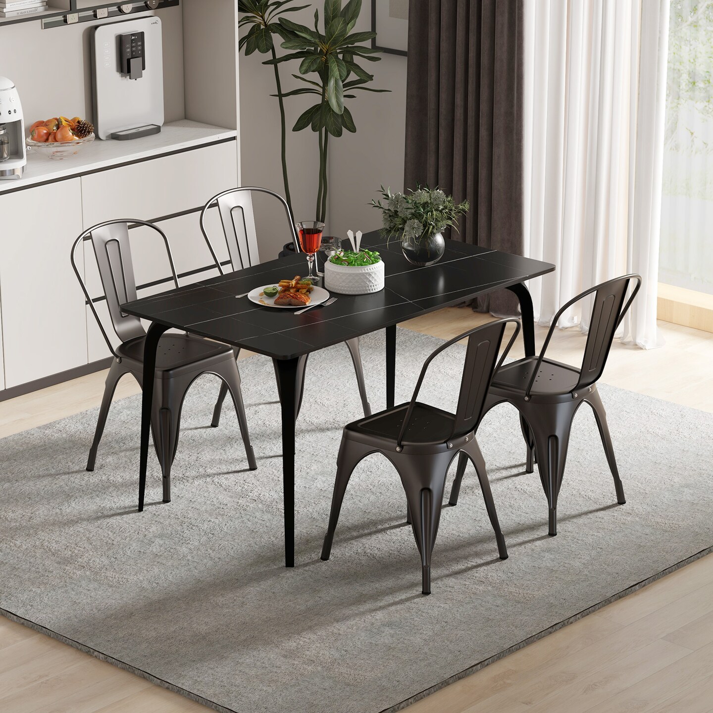 Set of 4 Metal Dining Chairs with Removable Backrest and Anti-slip Pads