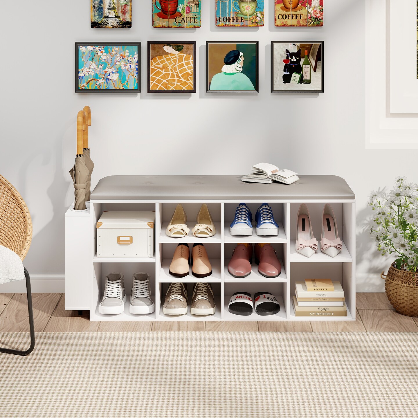 Entryway Shoe Storage Bench with Umbrella Stand and Storage Cubes