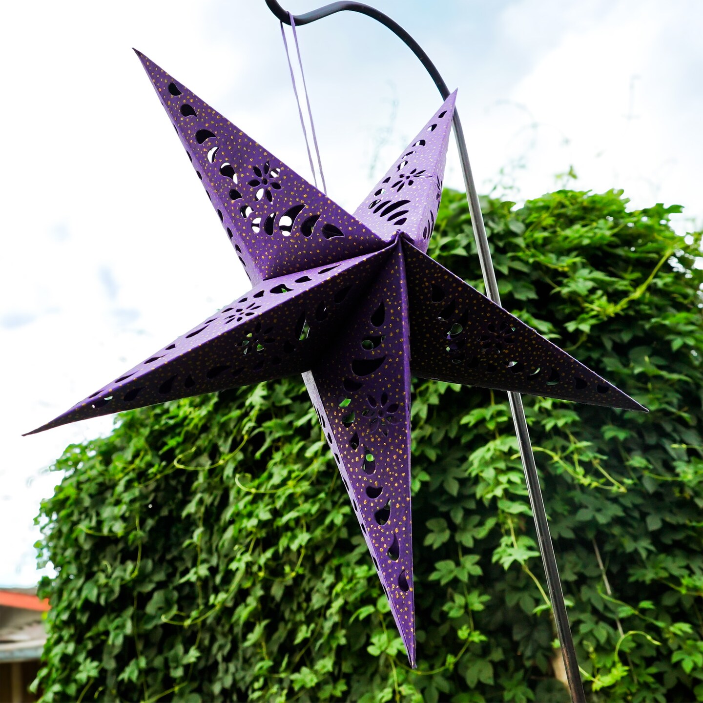 In the Breeze 9175 — Purple Paper Star Lantern — Hanging Party and Home Décor with Painted Gold Accents — Handmade, Dyed Paper