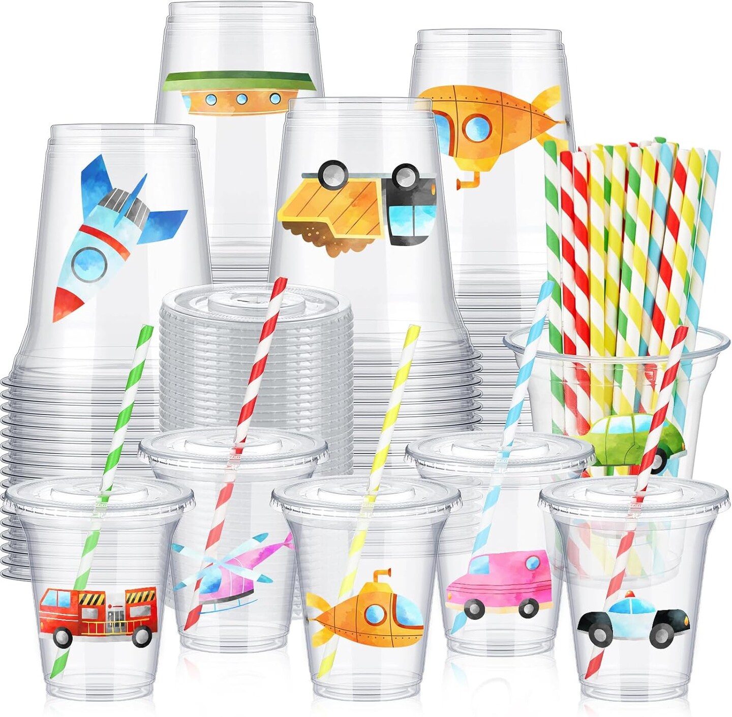 36 Sets Watercolor Transportation Party Cups with Lids and Paper Straws 14 oz Transportation Birthday Party Supplies Disposable Clear Plastic Cups Bulk