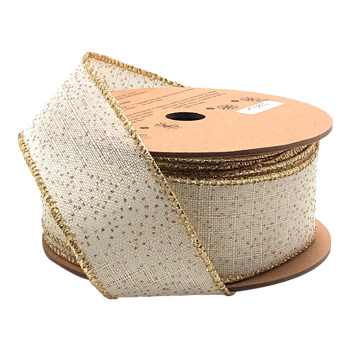 LaRibbons 1 1/2" Wired Ribbon | "Glitter Linen" White/Gold | 10 Yard Roll