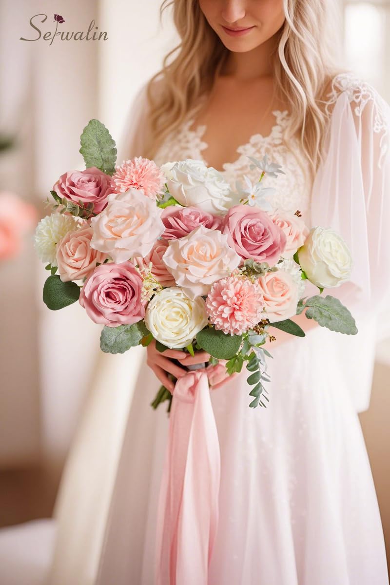 Blush Pink & White Artificial Flower Combo – Faux Silk and Foam Roses for DIY Wedding Bouquets, Centerpieces, Cake Decorations & Party Table Arrangements