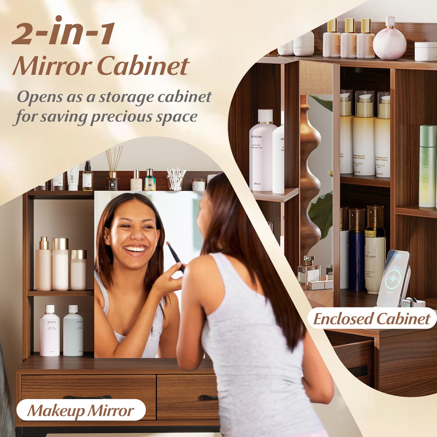 Walnut Vanity Table with Mirror USB Type-C Charging Storage Stool