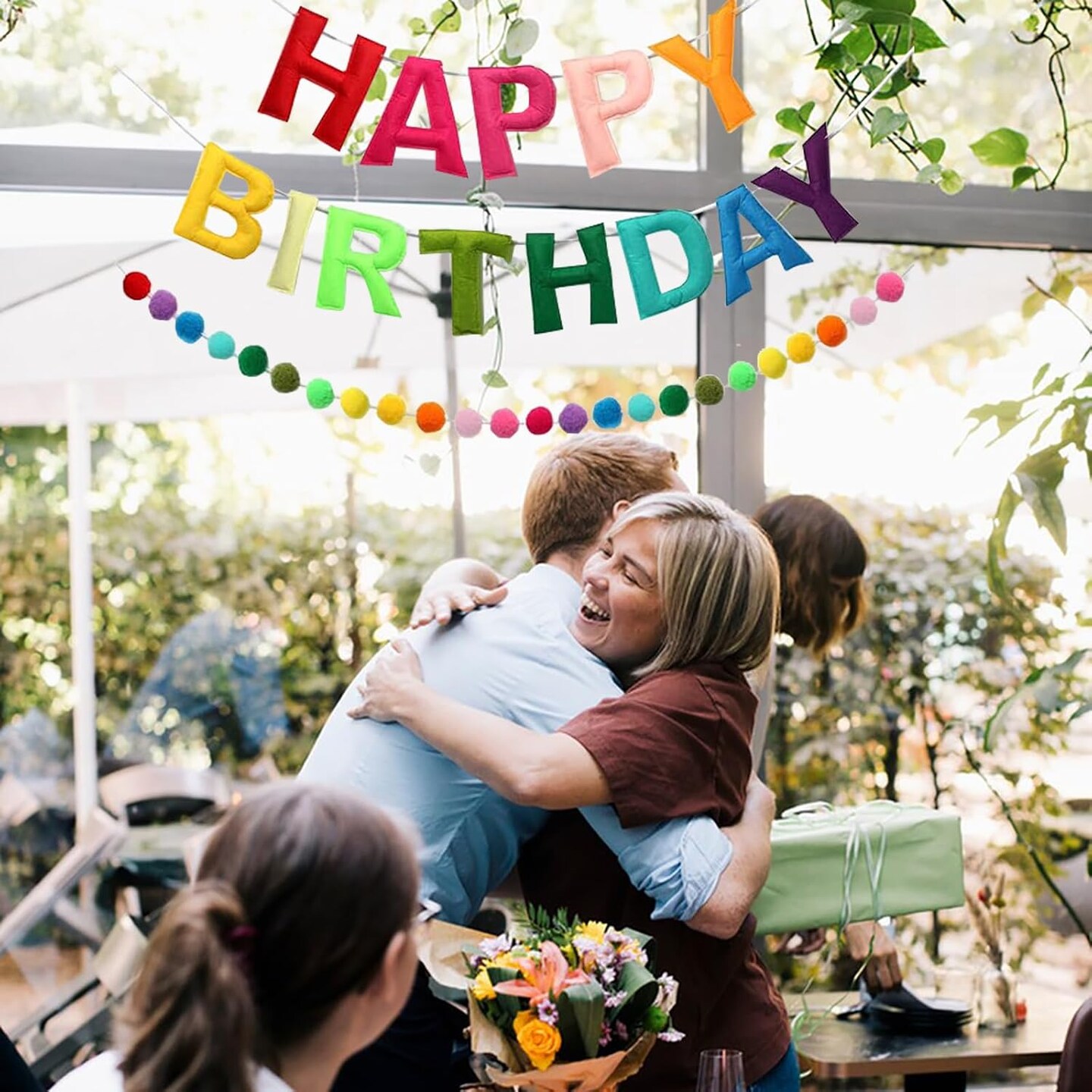Happy Birthday Banner - Rainbow Color Felt Ball Garland, Personalized Sign