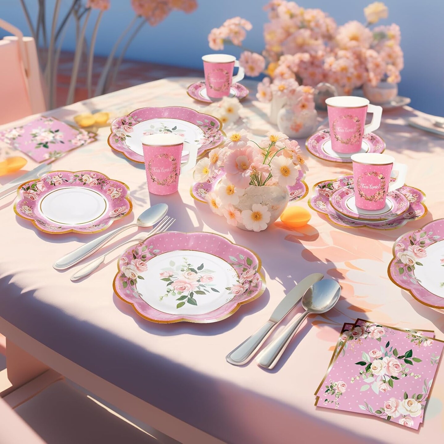 136Pcs Floral Tableware set Tea Party Supplies for 25 Floral Tea Cups with Handle 9&#x201D; 7&#x201D; Floral Paper Plates Disposable Flower Cups and Saucers Sets for Garden Birthday Bridal Wedding,Pink