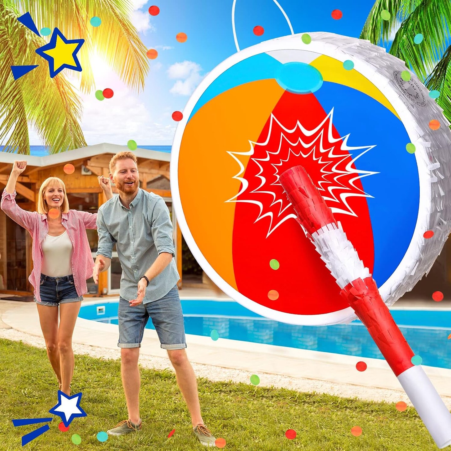 Small Beach Ball piñata with Stick and Blindfold Confetti Summer piñata Sun Flamingo Coconut Surfboard Birthday Decor