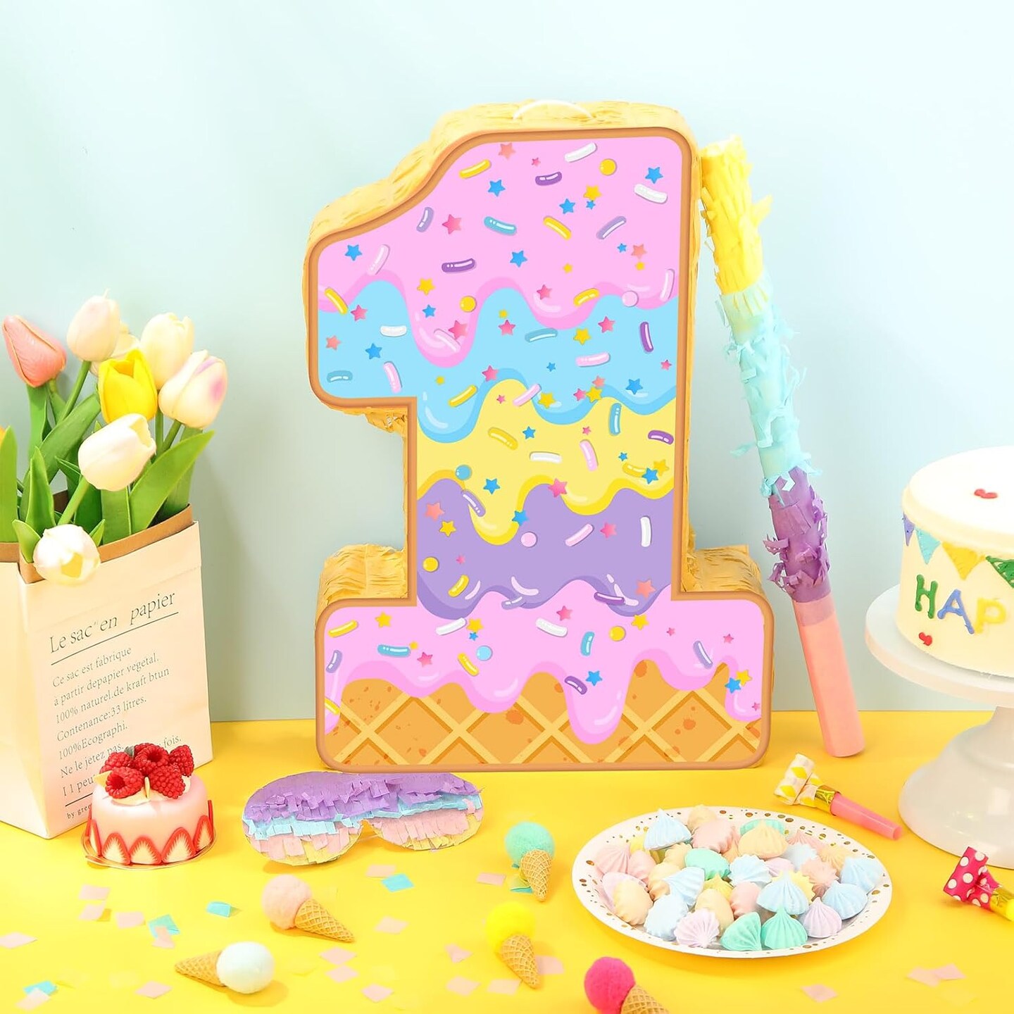 Summer Birthday Piñata Ice Cream Game Set Summer Number Piñata with Bat Stick Blindfold Mask Confetti for Sundae Theme Birthday