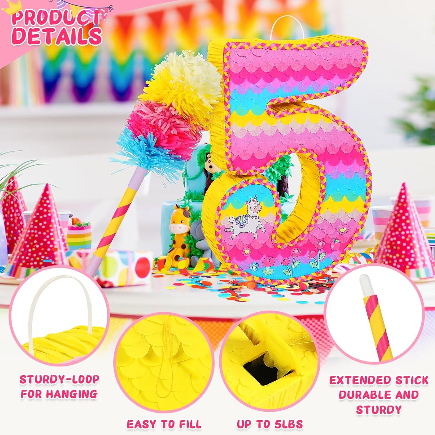 Number 5 Pinata for Birthday Party Decorations, Unicorn Mermaid Theme Pink Pi&#xF1;ata Games Toy