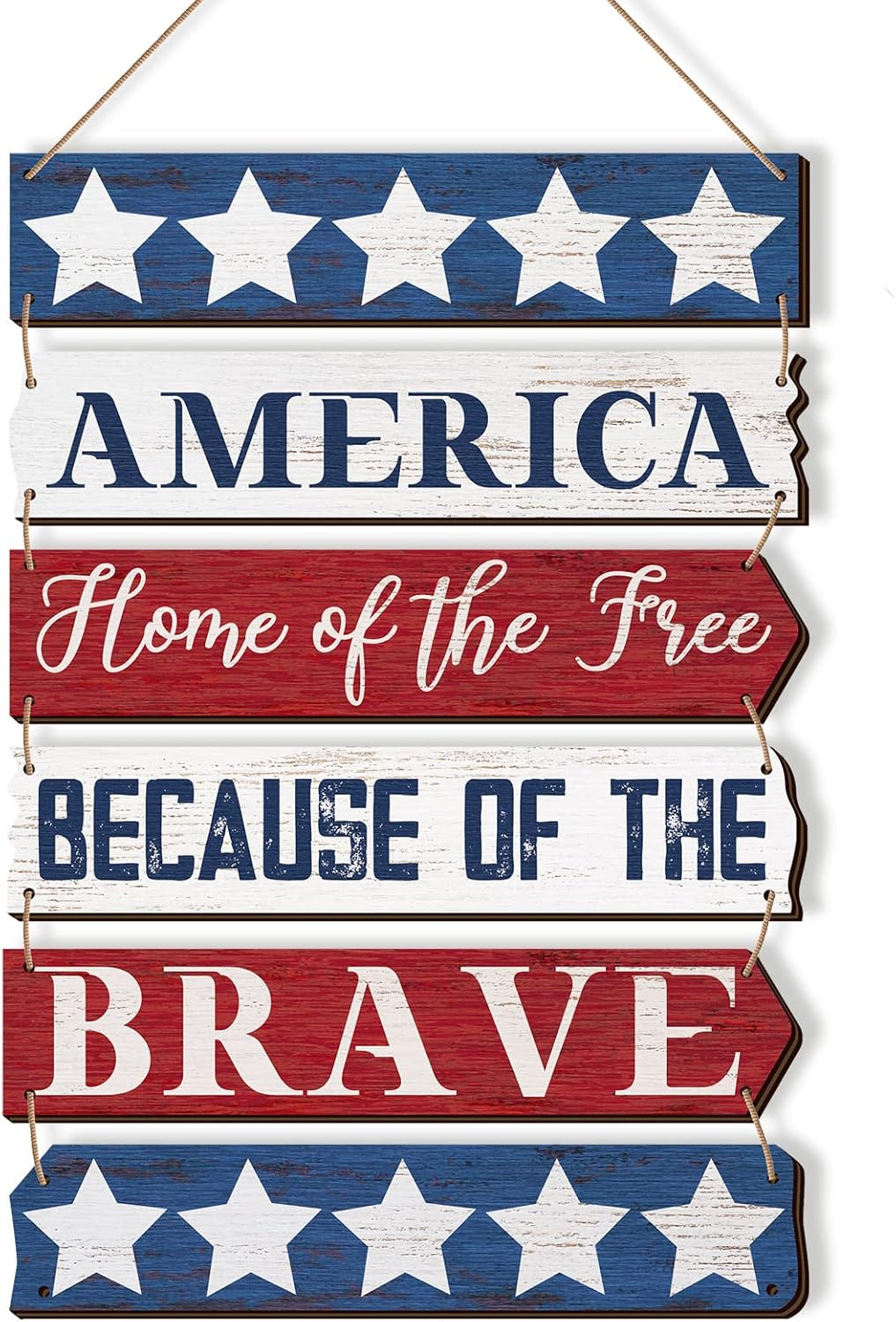 4th of July Decorations Patriotic Wall Decor Memorial Day Wooden Hanging Sign Rustic Red White Blue American Stars Door Sign Large Independence Day Wood Hanging Plaque for Front Door Porch Home