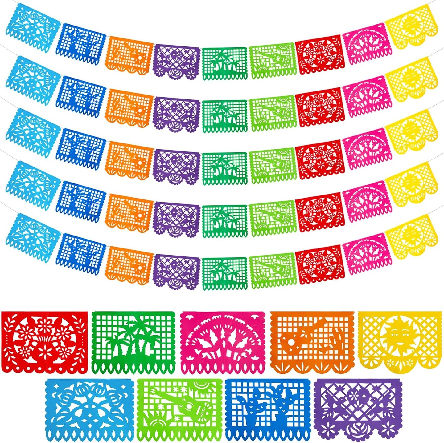 5 Packs Mexican Party Decoration, 90 Feet Plastic Papel Picado Fiesta Banner Cinco de Mayo Garland