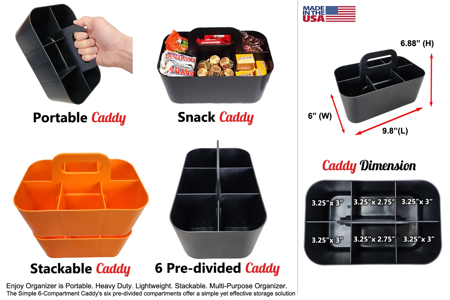 Enjoy Organizer Small Stackable and Portable Simple 6-Compartment Art Caddy - Made In USA