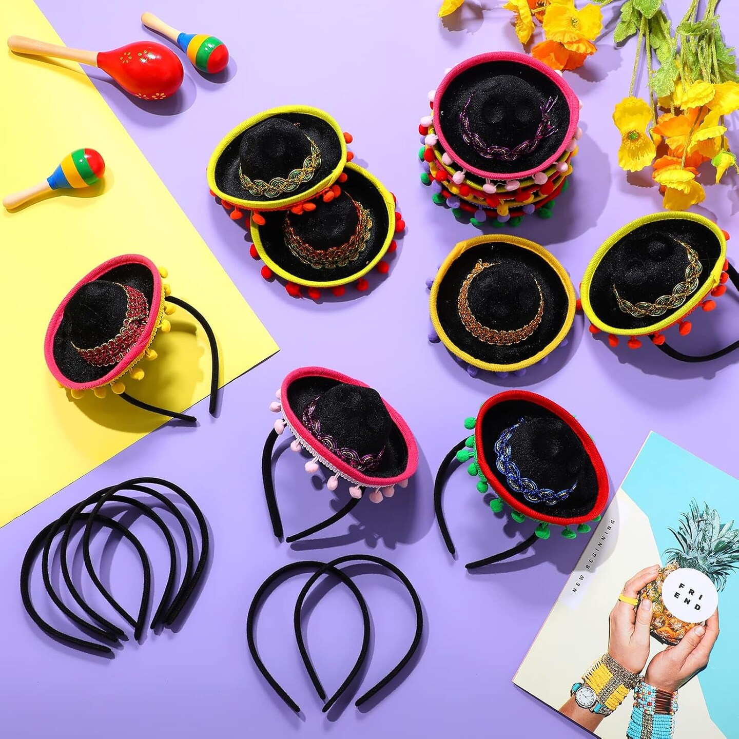 12 Pcs Mexican Fiesta Mini Sombrero Hats Headbands - Cinco de Mayo Decorations, Dia de Muertos Party Supplies and Favors