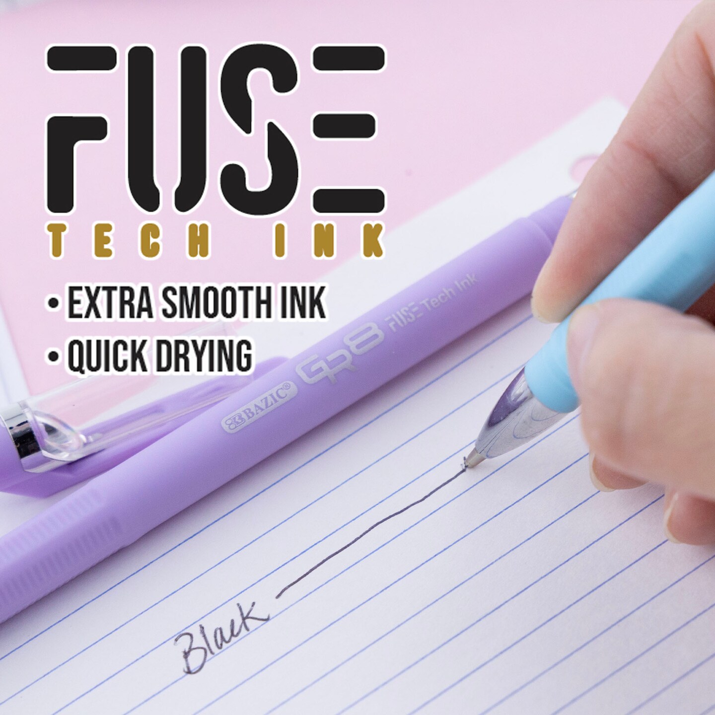 BAZIC GR8 Dazzle Black FUSE Tech Ink Pen Rubberized Barrel (3/Pack)