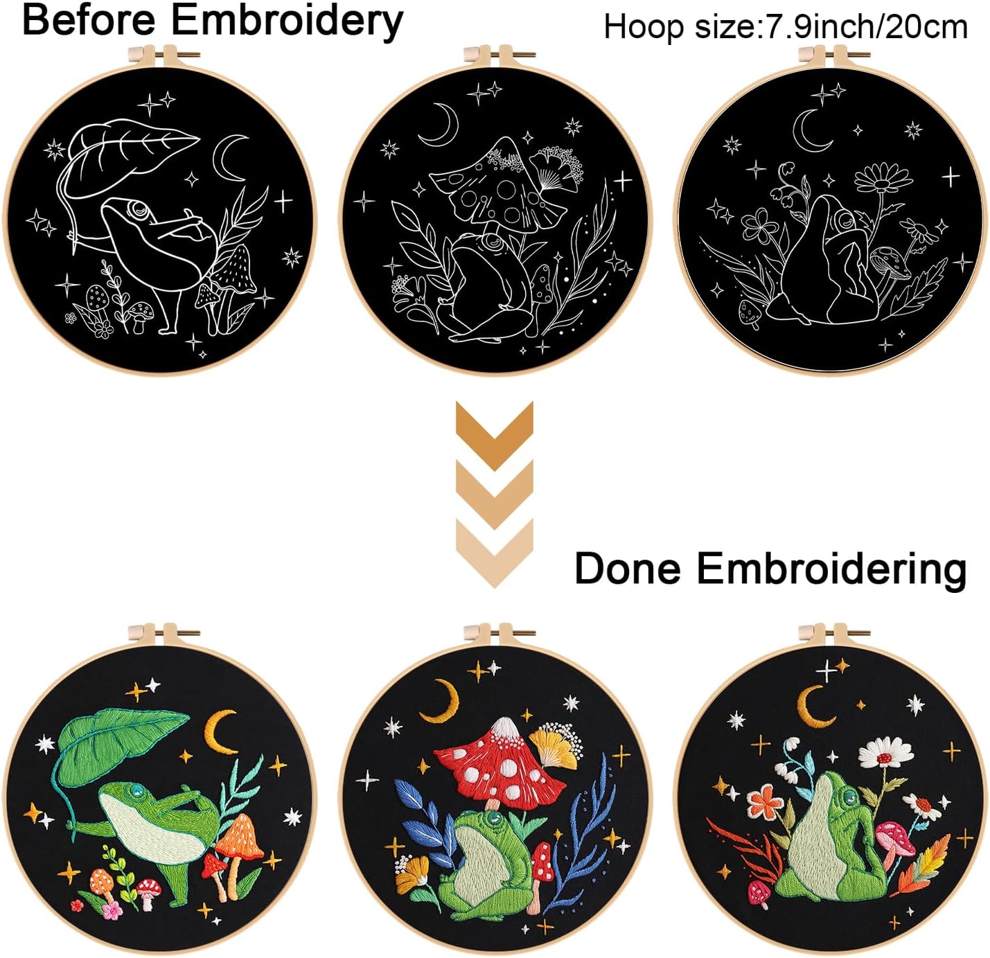 3 Sets Frog Embroidery Kits for Beginners,Cross Stitch Kit for Adults,Crewel Starters Needlepoint with Embroidery Hoop,Threads and Instruction