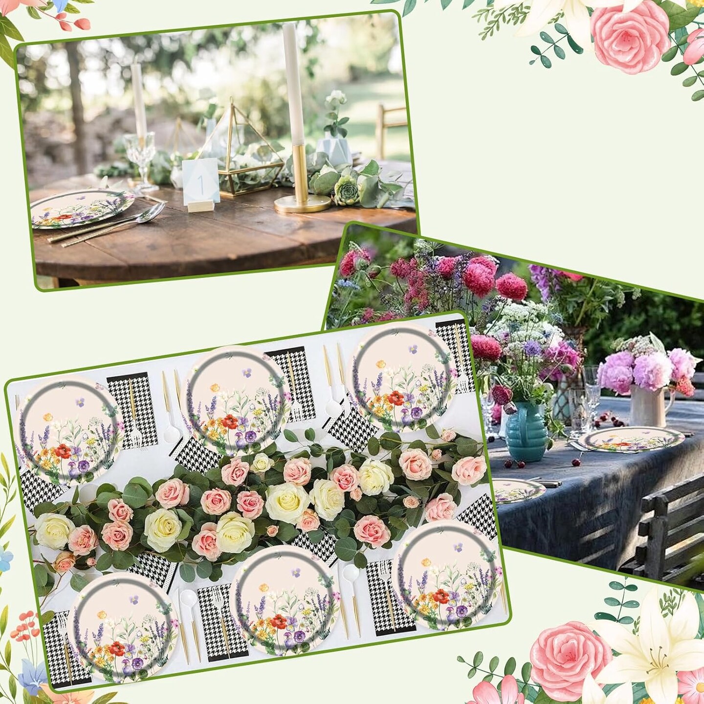 75pcs Floral Disposable Tableware Set, Spring Floral Paper Party Supplies Plates Napkins Wildflower Dinnerware Favors for Baby Shower Girls Women Birthday Tea Picnic Serve 25 Guests