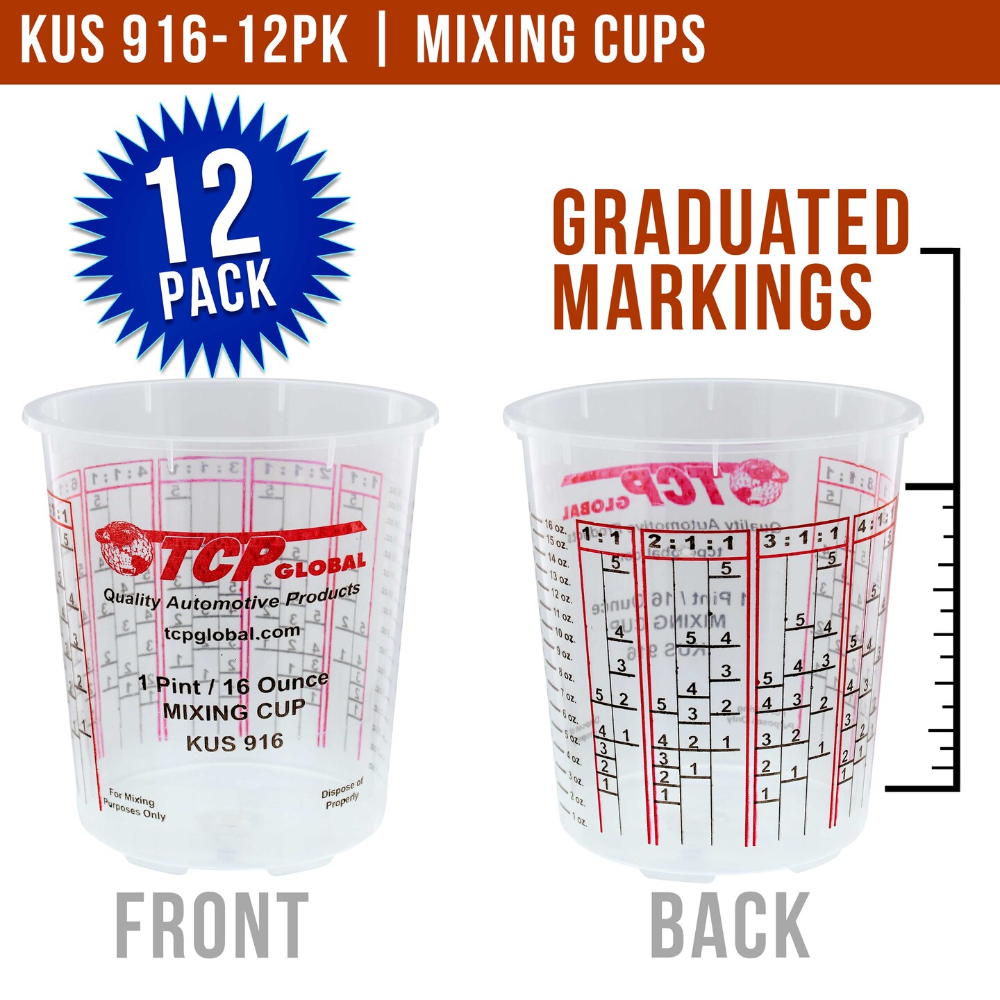Paint Mixing Cups Plastic Measuring Cup Epoxy Resin, Disposable or Reusable, 16-Ounce (Pint) - Pack of 12 - Graduated, Mixing Ratios, Automotive Painting Acrylic Art Crafts