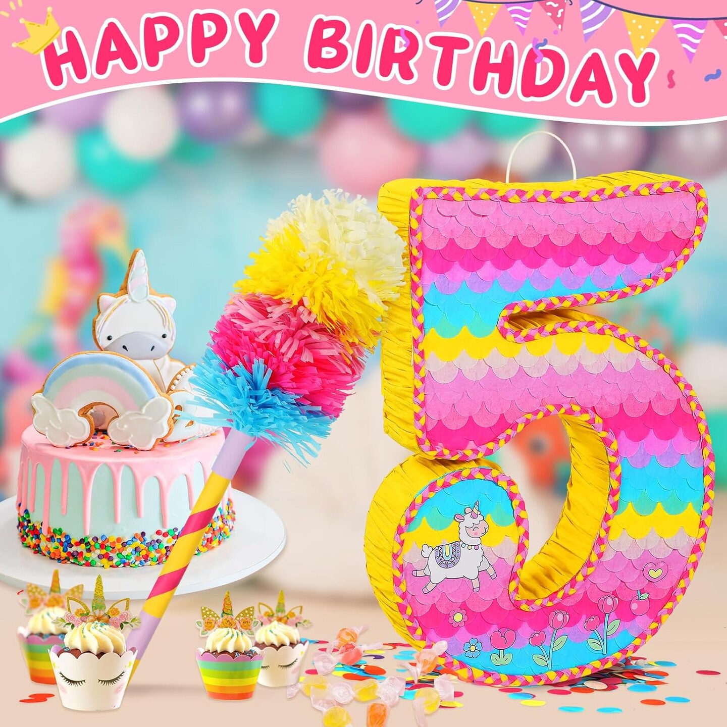 Number 5 Pinata for Birthday Party Decorations, Unicorn Mermaid Theme Pink Pi&#xF1;ata Games Toy