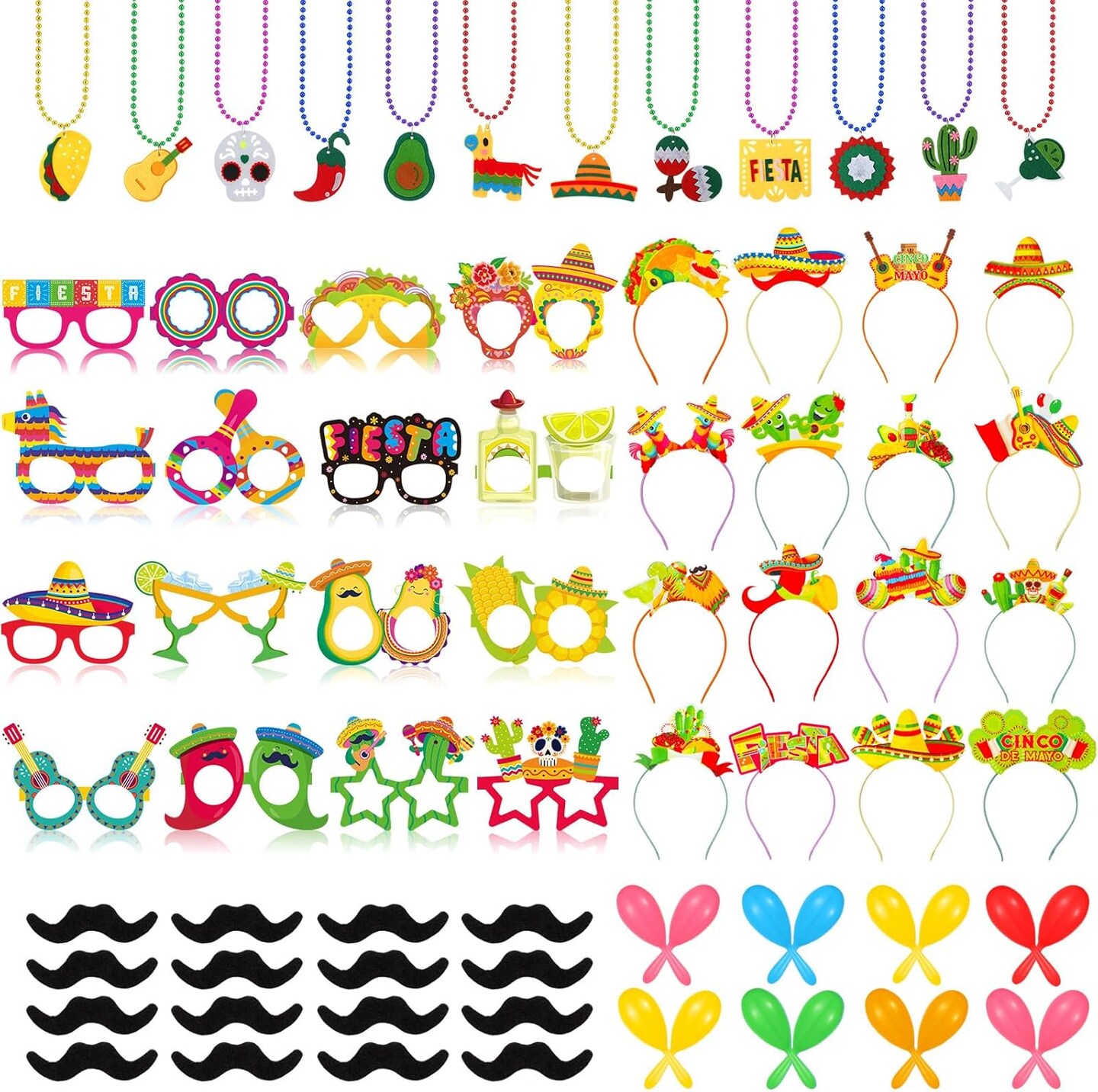 80 Pcs Fiesta Party Decorations Sombrero Headband Cinco de Mayo Fiesta Necklaces Bead Mexican Theme Paper Glasses Plastic Maracas Beards For Mexican Carnival Costume Decor