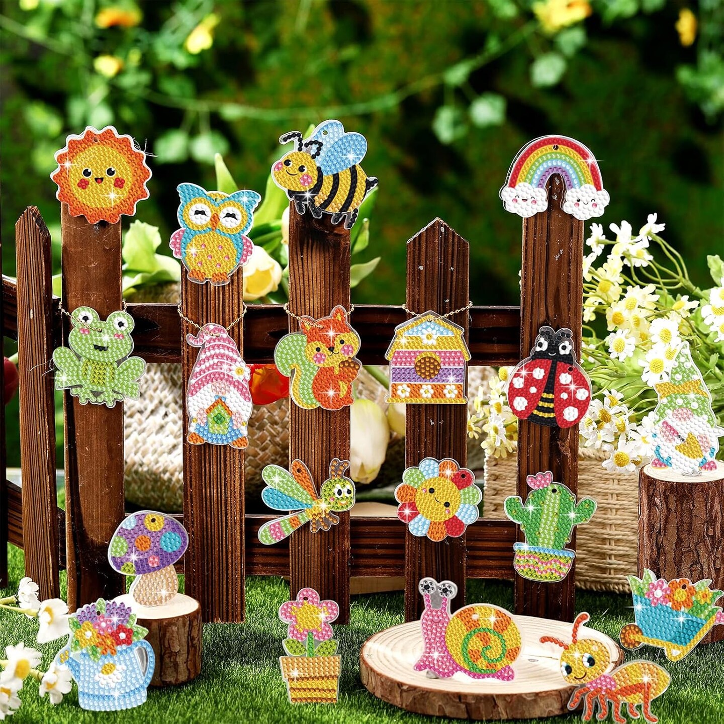 20 Pcs Summer Diamond Painting Kits for Kids 5d Diamond Art Keychains Flower Insect Animal Bee Frog Craft Tags Creative Ornament Gifts Spring Summer Decor for Kids Adults
