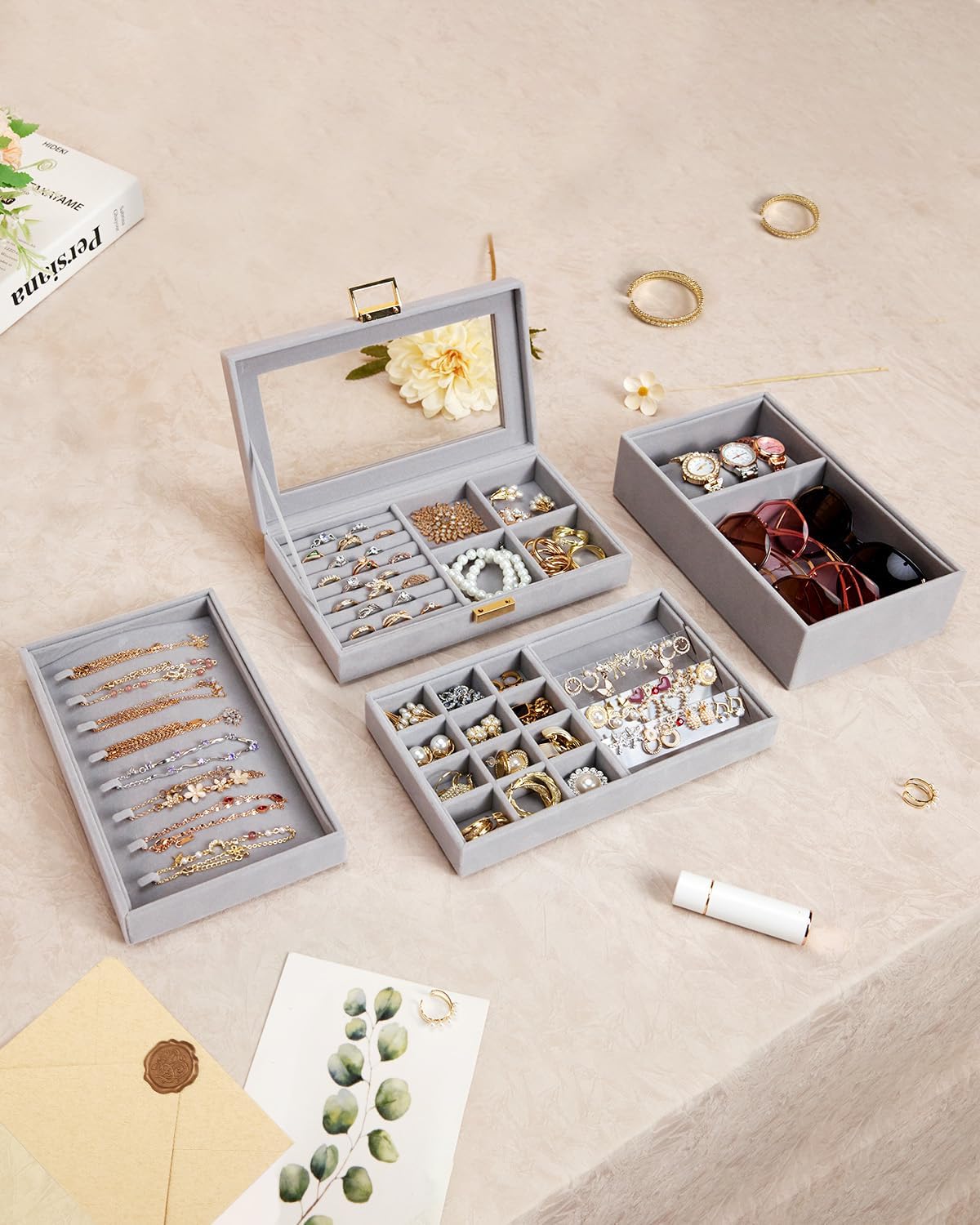 Jewelry Tray Stackable Jewelry Box Drawer Organizer with Glass Lid, Removable Dividers for Vanity Table Gift Idea for Girls and Women (Gray)