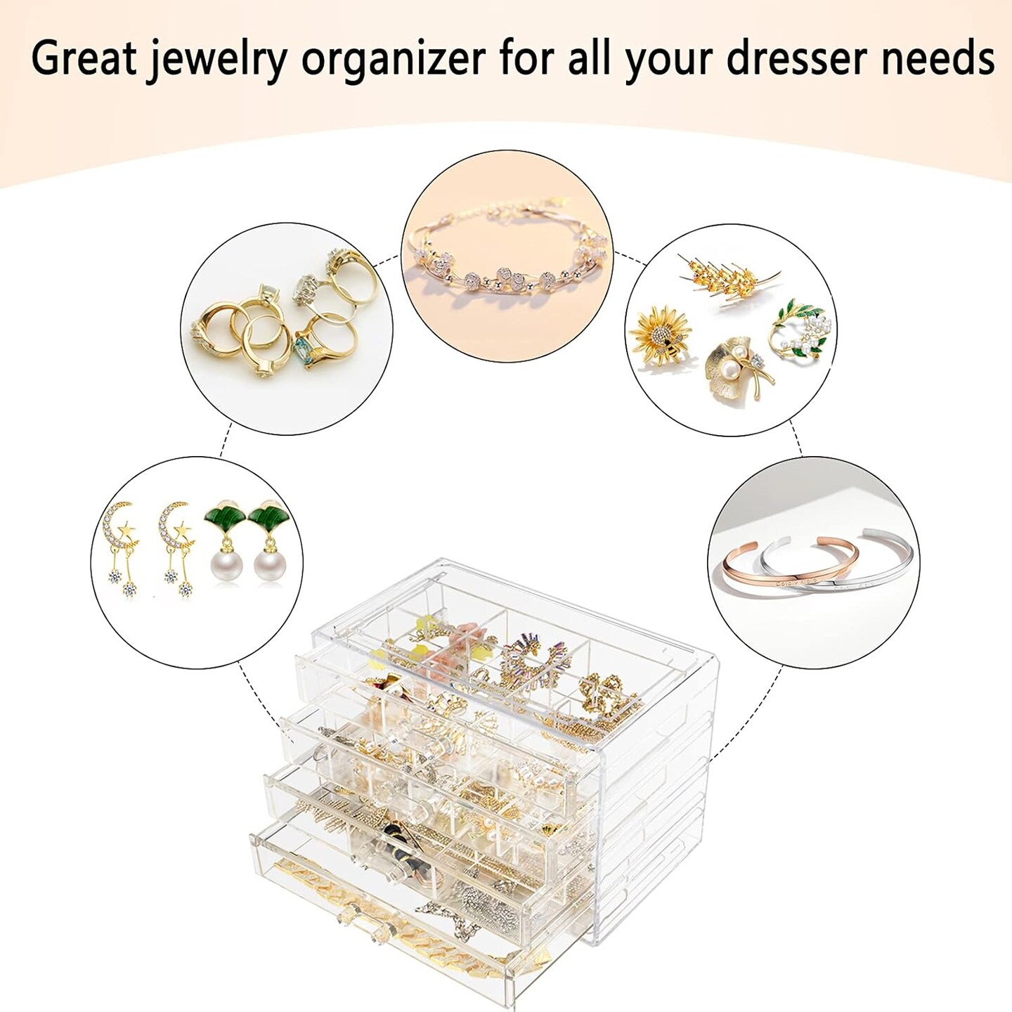 Acrylic Jewelry Box, 72 Grids Clear Jewelry Organizer with Adjustable Dividers, Large Capacity Earring Ring Gift Boxes