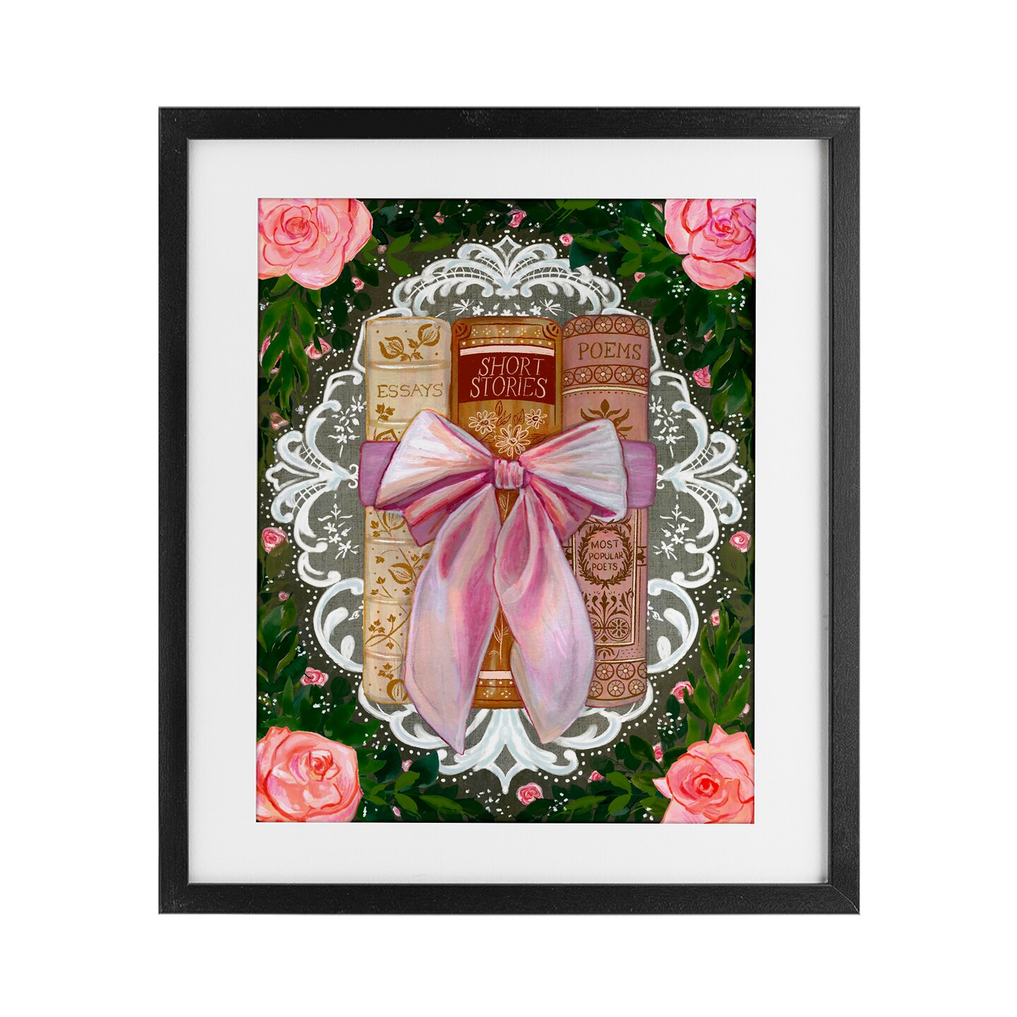 Stupell Industries Romantic Books with Lace Framed Print Under Glass, design by Glad You're Here Co.