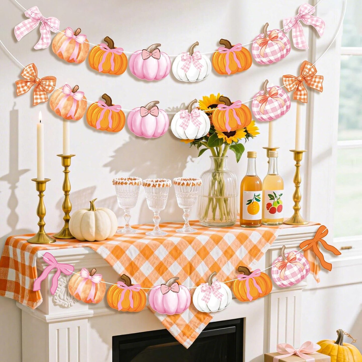 3Pcs Pumpkin Bow Banner (&#x9;Pink, Orange)