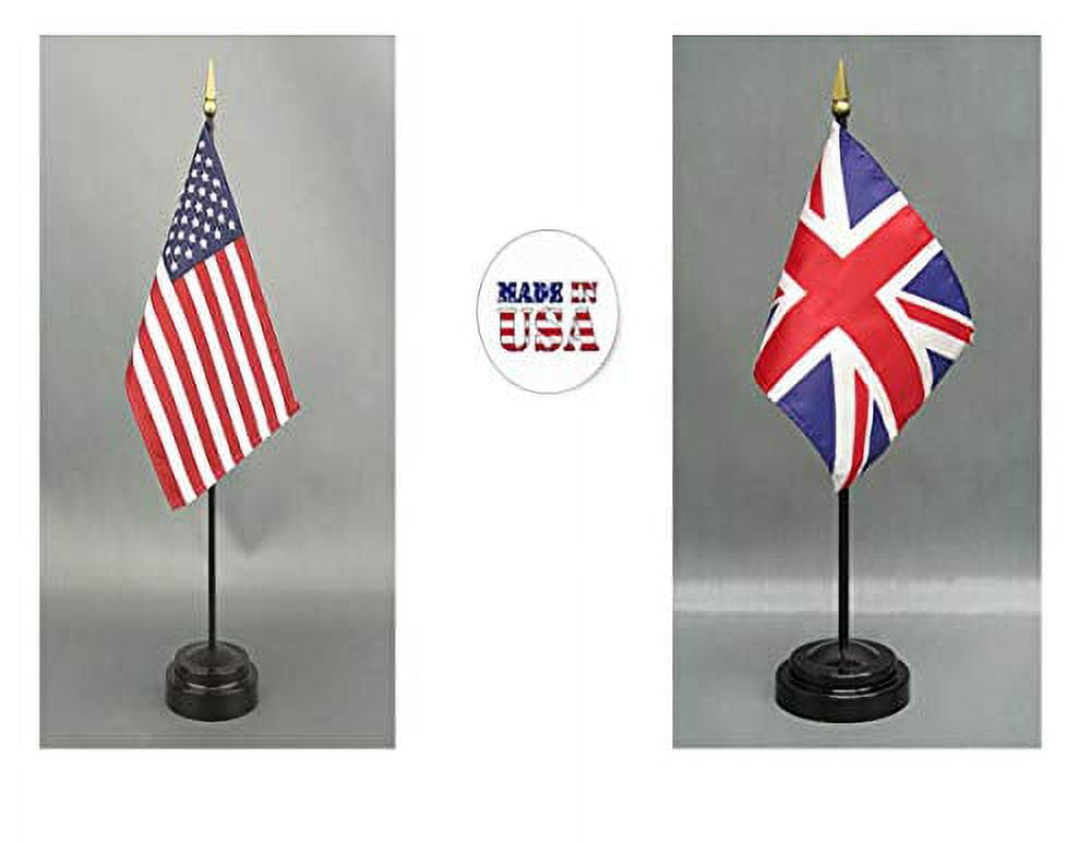1 American and 1 British (Great Britain) Mini Desk Flags – Set of 2 with Stands, 4"x6" Rayon