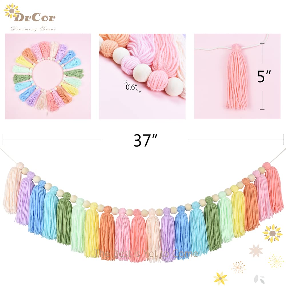 Pastel Rainbow Tassel Garland – Spring Easter Boho Wall Decor for Classroom, Nursery, Kids Room, Baby Shower, Spring Party, Bulletin Board Decorations