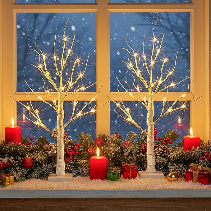 Lighted Birch Tree Home Decor, Christmas Decorations Indoor 2Pack 24 LED Light Up Tabletop Mini Small Artificial White Trees Lamp with Lights Battery Operated/USB for Table Mantel (2FT)