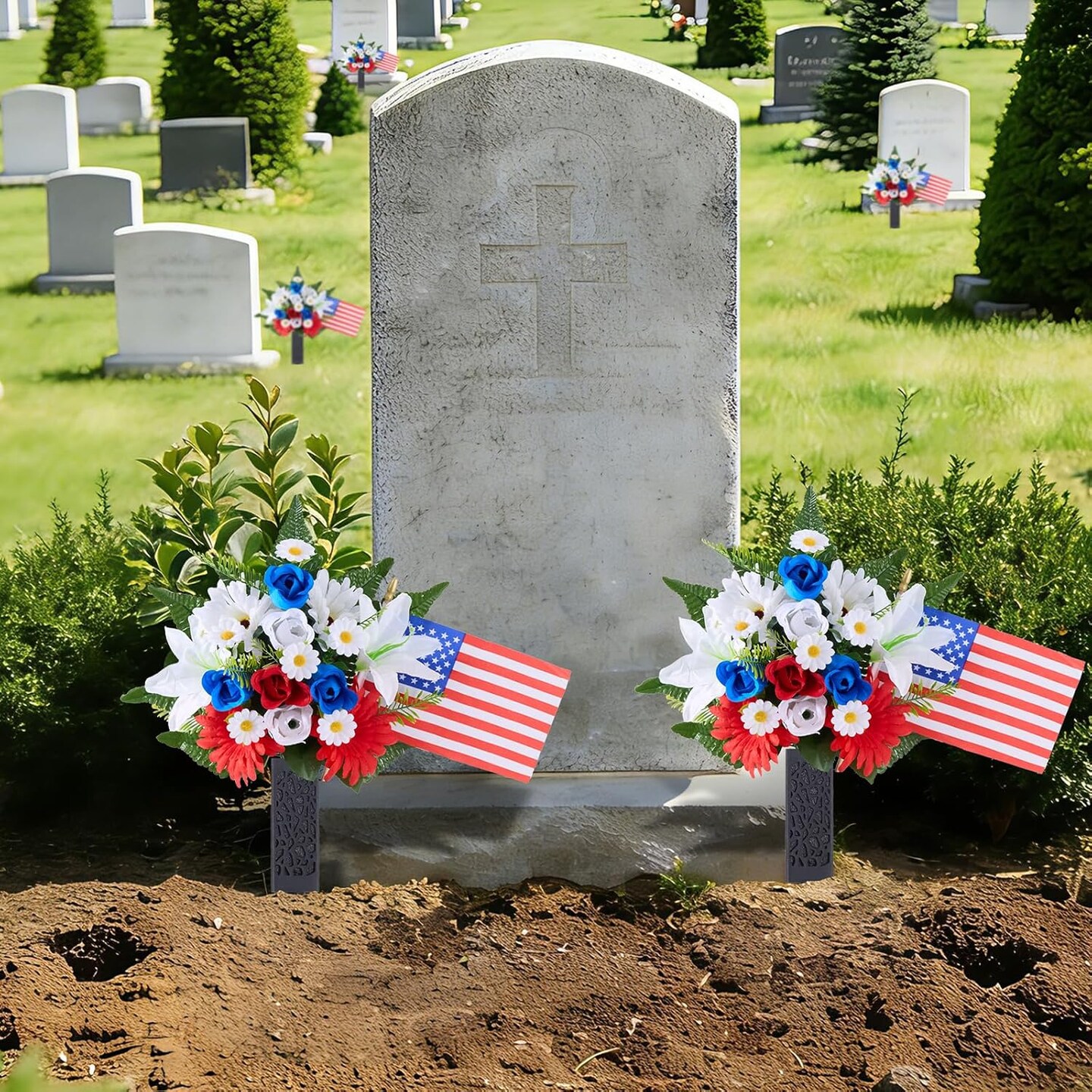 Memorial Day Flowers for Cemetery - Patriotic Red White and Blue Artificial Roses with American Flag - 12-Head Silk Grave Decorations for Veterans - Weather Resistant Memorial Flowers with Ground Stake