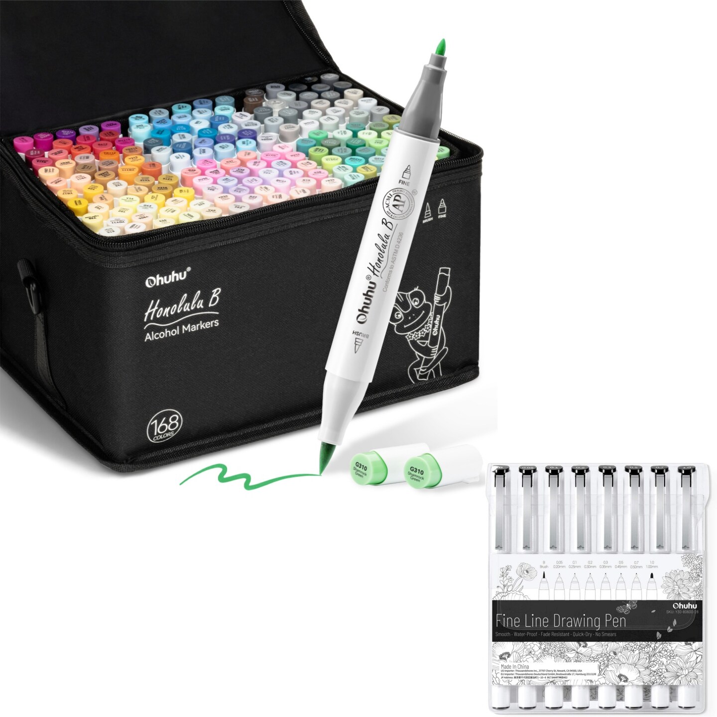 Ohuhu Honolulu B 168 Colors Brush & Fine Dual Tip Alcohol Marker Set + 8-size Tips Fineliner Pens