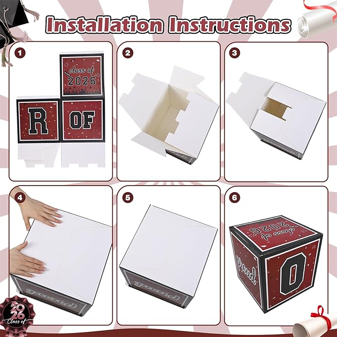 2026 Graduation Decorations, 4Pcs Graduation Boxes, So Proud of You and Class of 2026 Grad Balloon Boxes, Black Red Congrats Box for College, High School, Prom Party Supplies