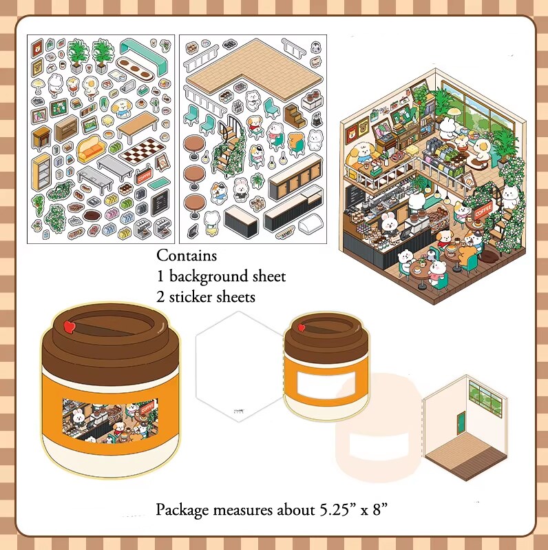 Cute Cafe Room Scene Stickers, Isometric Landscape Sticker Set, Adorabilities