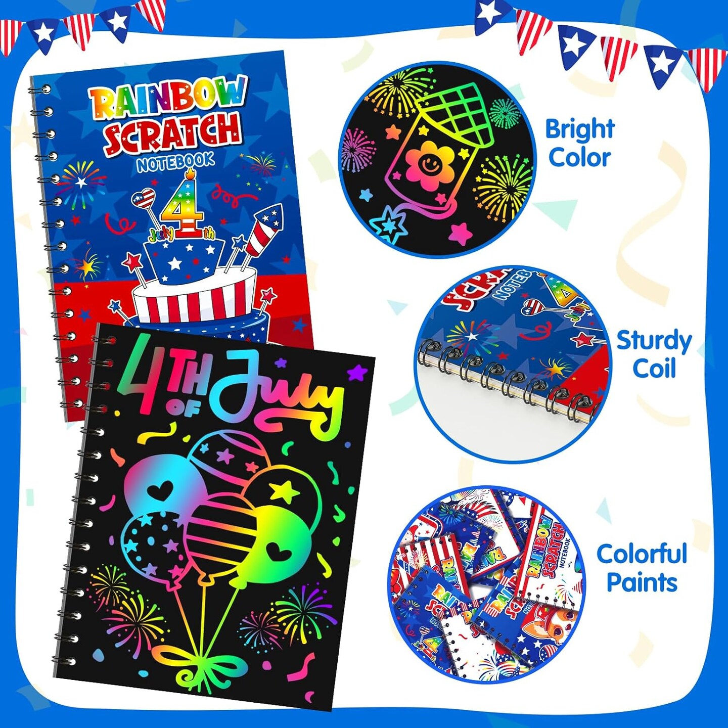 24 Pack 4th of July Rainbow Scratch Art Notebook Party Favors