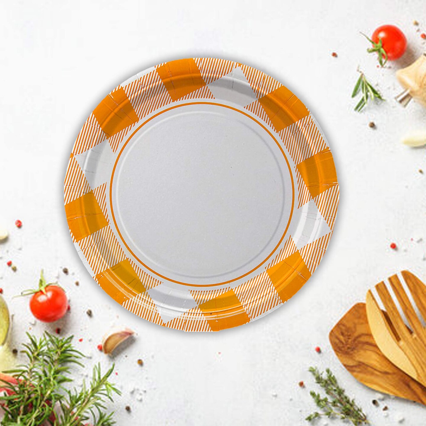8 Count Orange Plaid Paper Dessert Plates 7 Inch for Fall and Party Tableware