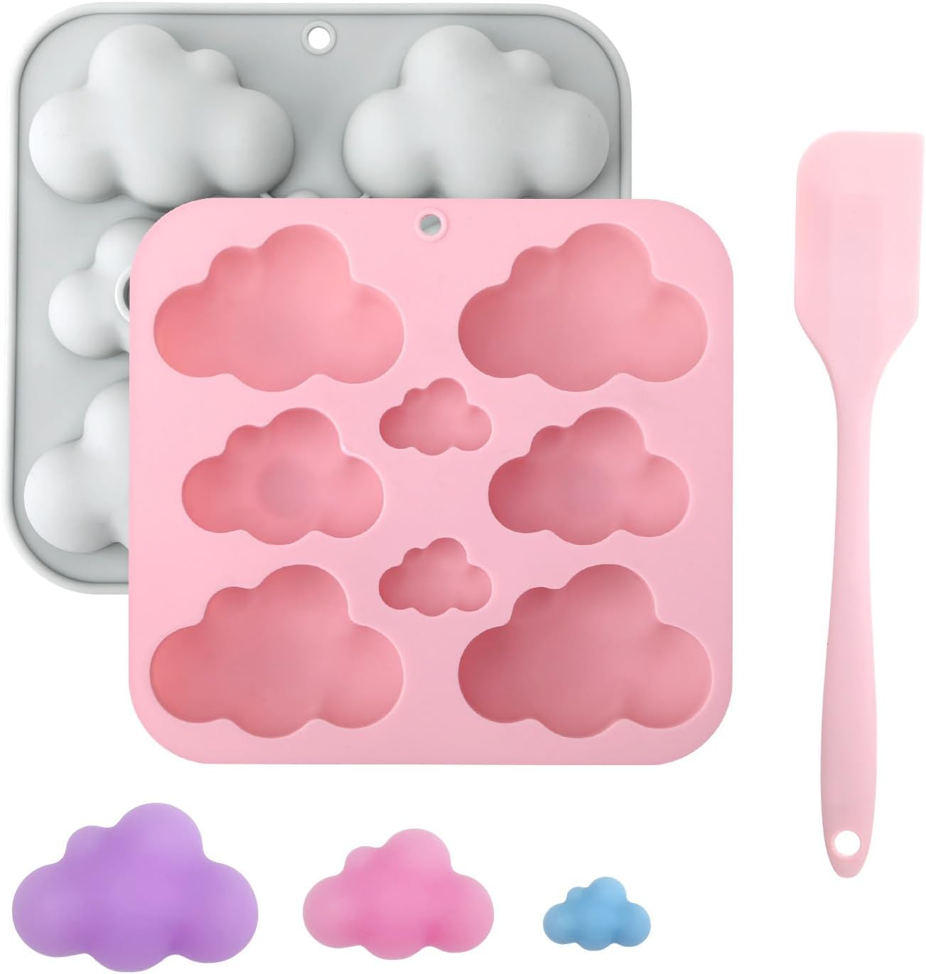 2 Pack Cloud Silicone Molds with Spatula – 3D Cute Cloud Shape Baking Molds for Chocolate, Candy, Fondant, Jelly, Ice Cubes, Soap Making & DIY Baking Decorations