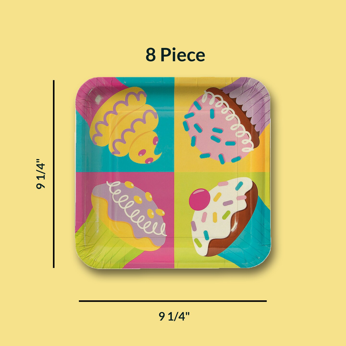8 Count Pastel Cupcake Party Square Paper Dinner Plates 9" Colorful Dessert-Themed Tableware